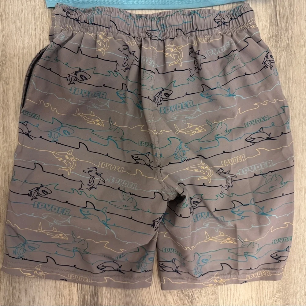 Spyder Blue Long Sleeve Swim Shirt and Shark Patterned  Bathing suit Shorts Set